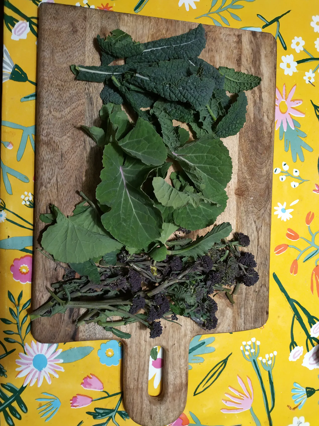 Freshly harvested cavolo nero, Taunton Deane kale, and purple sprouting broccoli arranged on a wooden chopping board with a yellow floral cloth