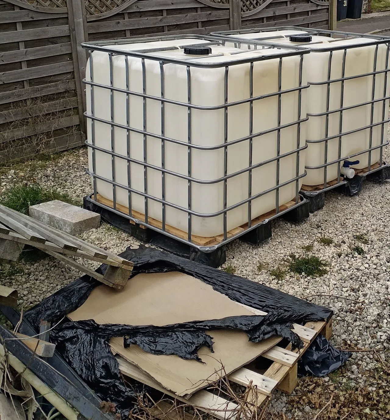 Two secondhand IBC containers on the driveway, freshly delivered